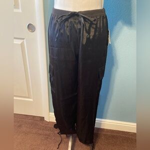 Planet Gold Black Satin Cargo Pants with Cargo Pockets, Drawstring Cuffs NWT